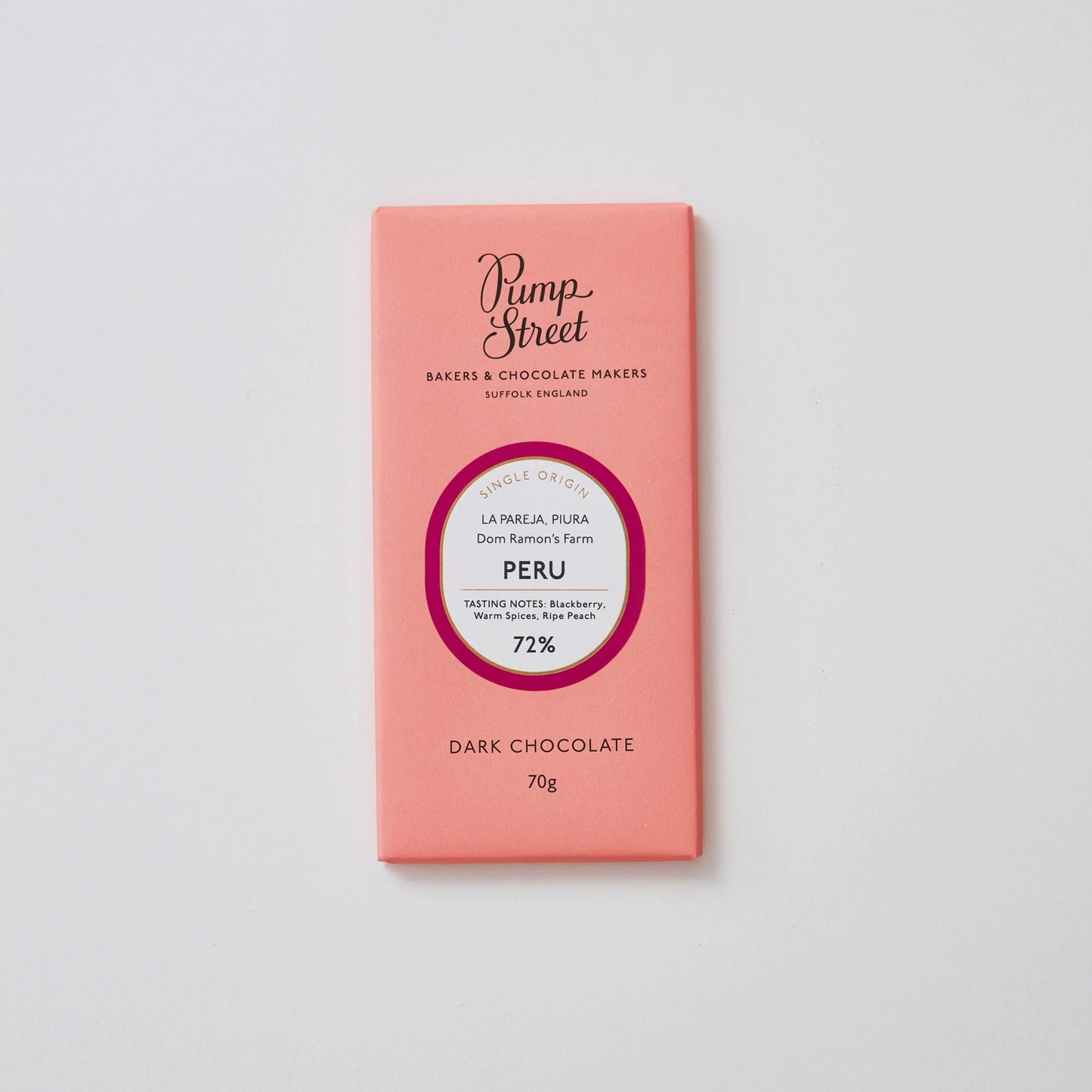 Peru Don Ramon 72%. TASTING NOTES: Blackberry, Warm Spices, Ripe Peach