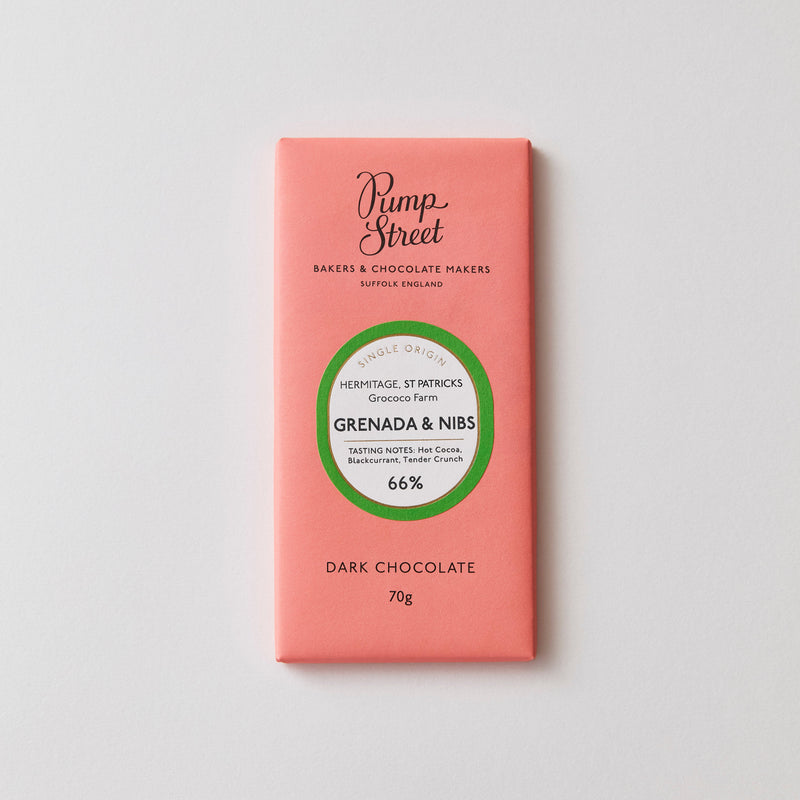Grenada & Nibs 66%. TASTING NOTES: Hot Cocoa, Blackcurrant, Tender Crunch