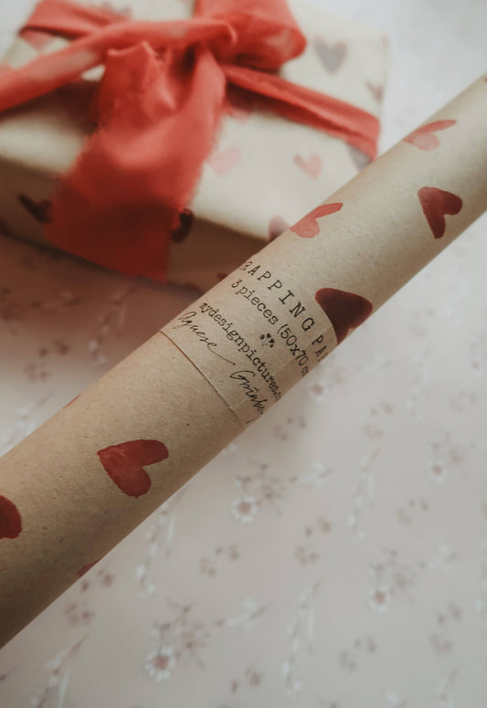 Set Of 3 Pieces RED HEARTS Kraft Wrapping Paper