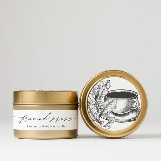 FRENCH PRESS  : Tin Soy Candle.  SEASONAL