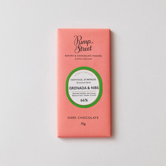 Grenada & Nibs 66%.    TASTING NOTES: Hot Cocoa, Blackcurrant, Tender Crunch